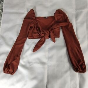 Fashion Nova Rust Orange Long Sleeve Tie-Front Top Size Small